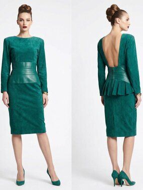 Vintage 80s Kid Suede & Leather Dress with Bustle Teal S